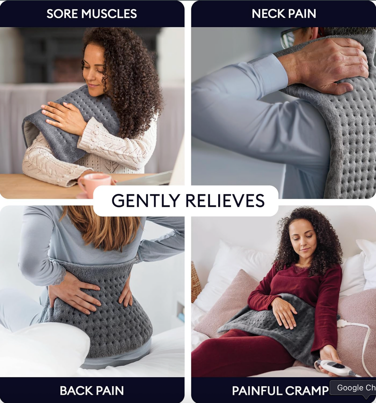Gently relieves sore muscles, neck, back and cramps