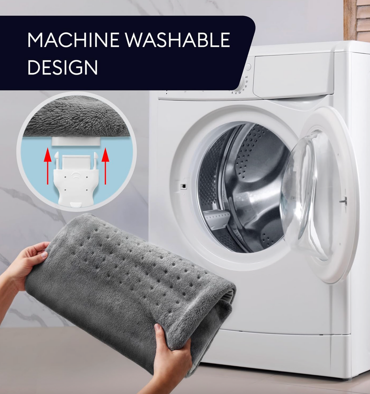 Machine washable cover with removable heating element